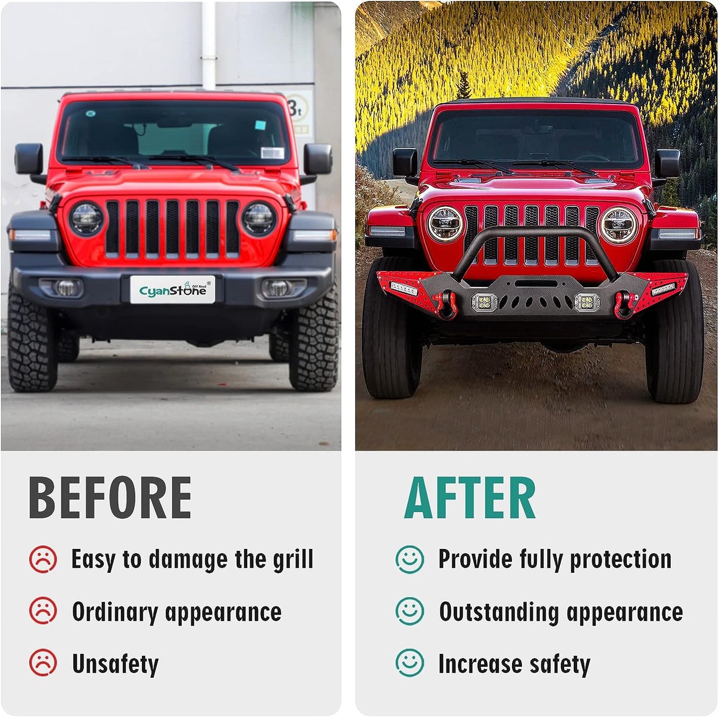 07-23 Jeep Wrangler Front Bumper with LED Fog Lights, Winch Plate, a pair of D-rings and Color DIY Steel Plates