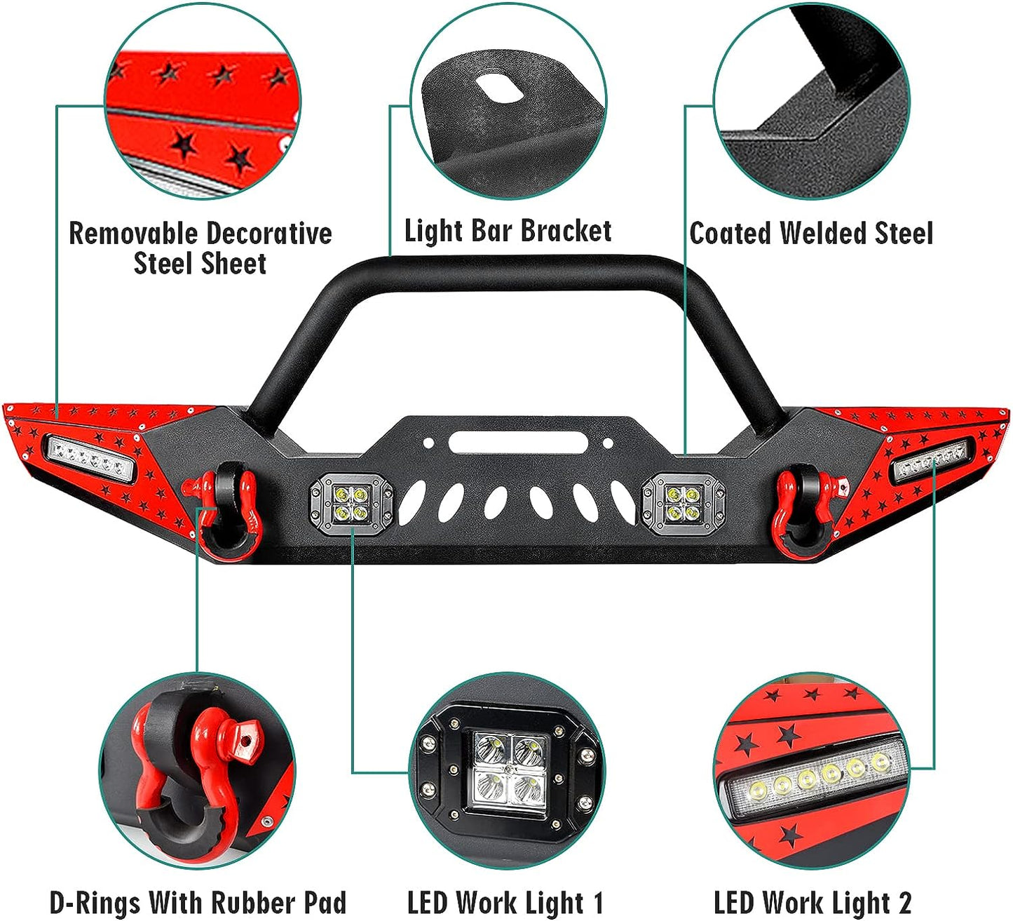 07-23 Jeep Wrangler Front Bumper with LED Fog Lights, Winch Plate, a pair of D-rings and Color DIY Steel Plates