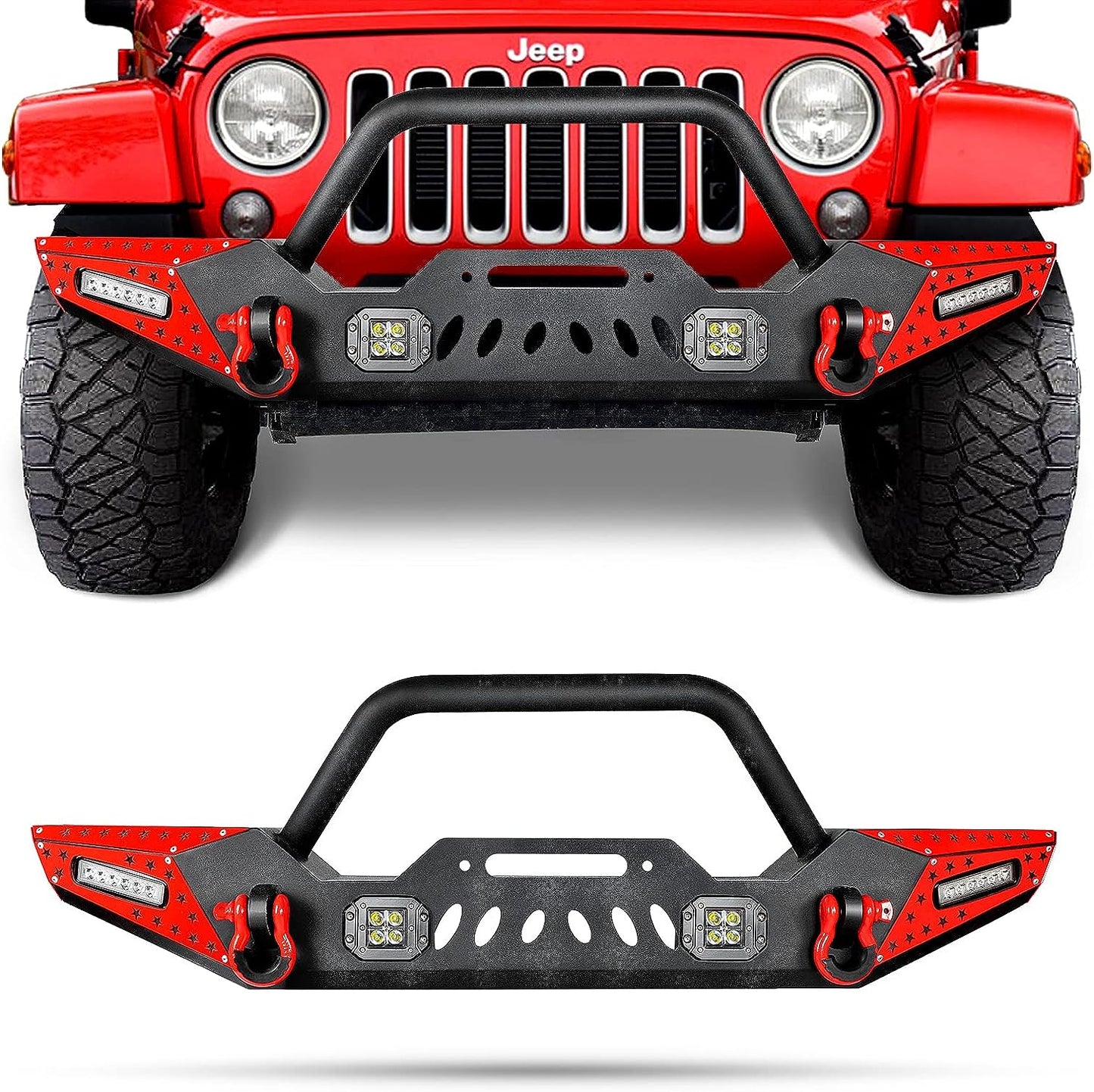 07-23 Jeep Wrangler Front Bumper with LED Fog Lights, Winch Plate, a pair of D-rings and Color DIY Steel Plates