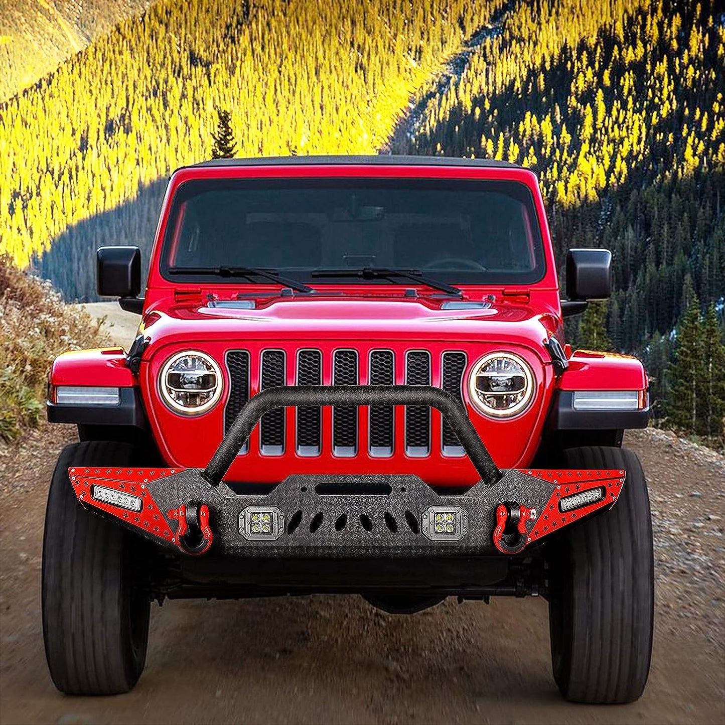 07-23 Jeep Wrangler Front Bumper with LED Fog Lights, Winch Plate, a pair of D-rings and Color DIY Steel Plates
