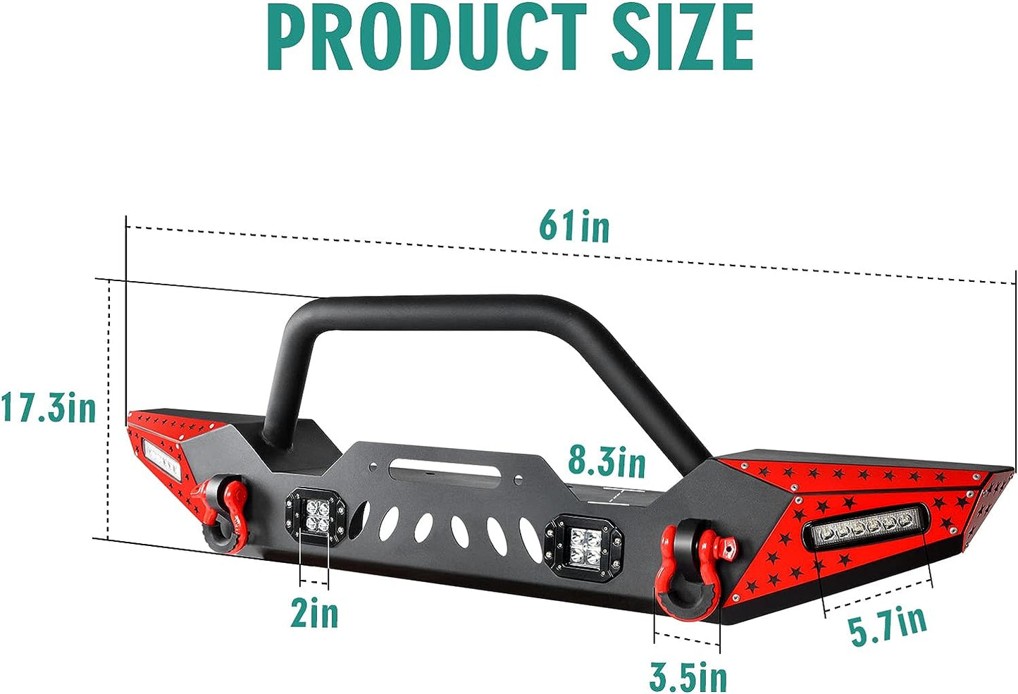 07-23 Jeep Wrangler Front Bumper with LED Fog Lights, Winch Plate, a pair of D-rings and Color DIY Steel Plates