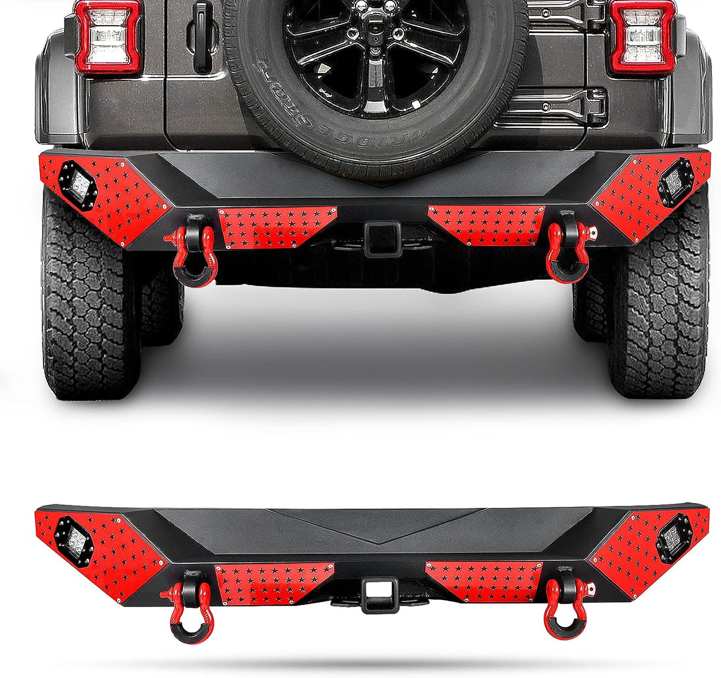 18+ Jeep Wrangler JL Rear Bumper with LED Fog Lights, a pair of D-rings and Color DIY Steel Plates (Copy)