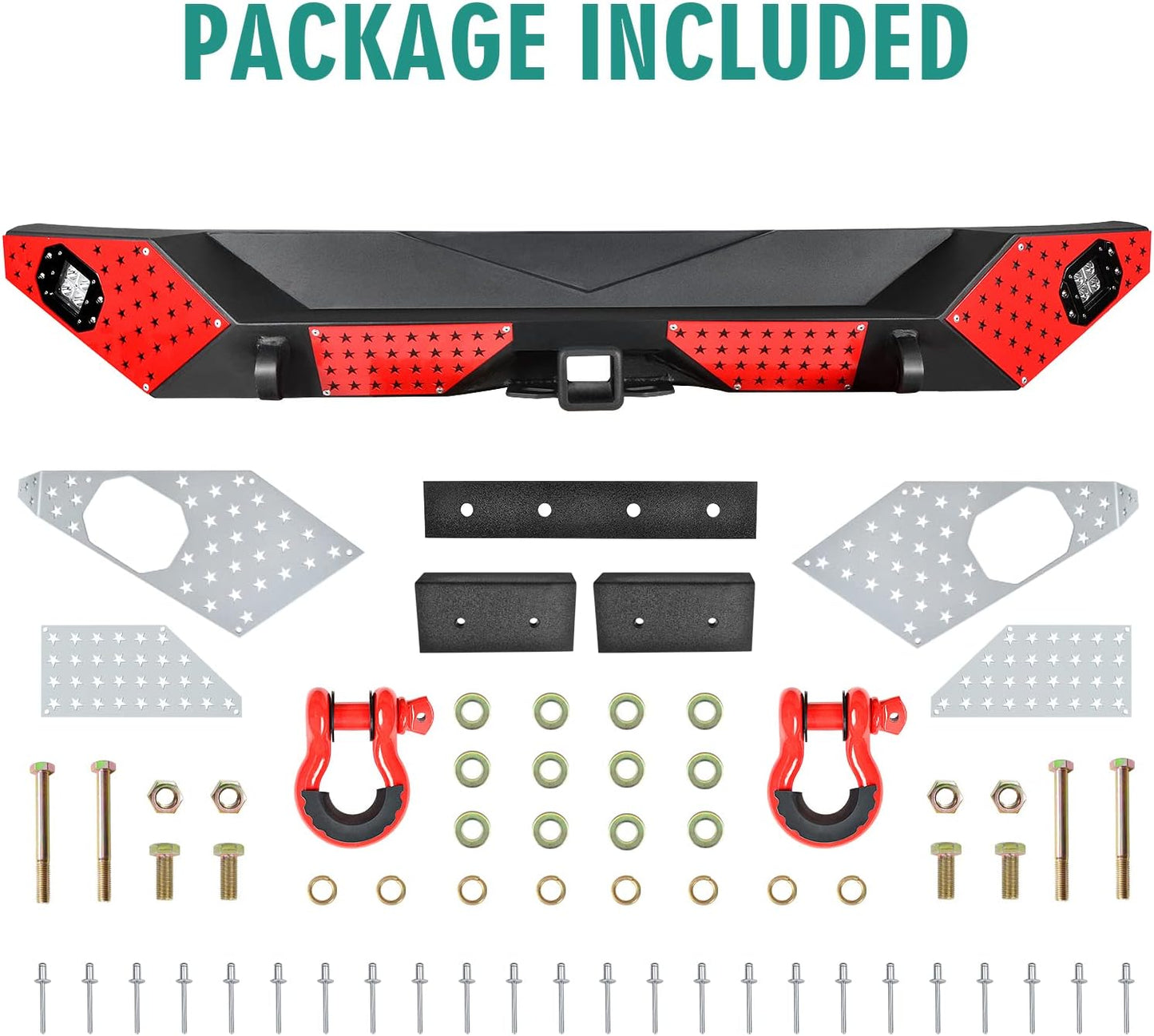 18+ Jeep Wrangler JL Rear Bumper with LED Fog Lights, a pair of D-rings and Color DIY Steel Plates (Copy)