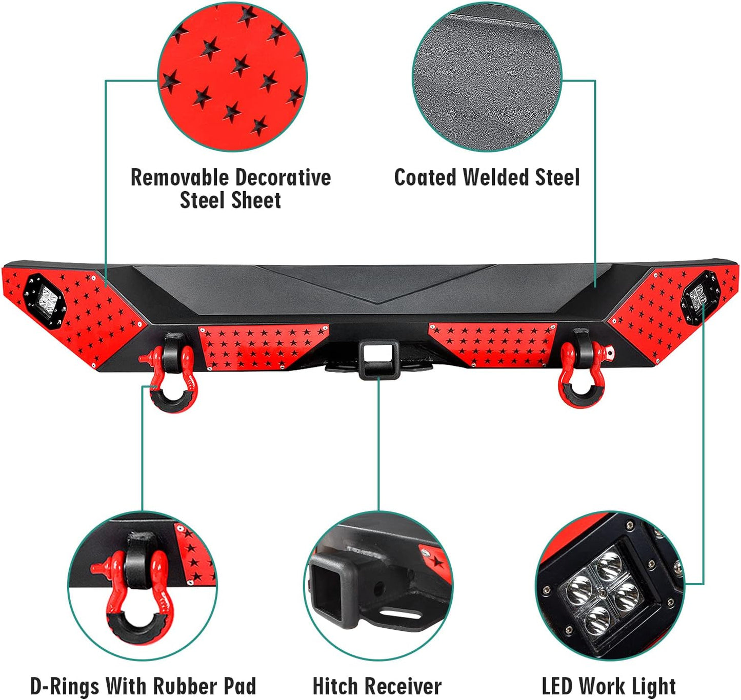 18+ Jeep Wrangler JL Rear Bumper with LED Fog Lights, a pair of D-rings and Color DIY Steel Plates (Copy)