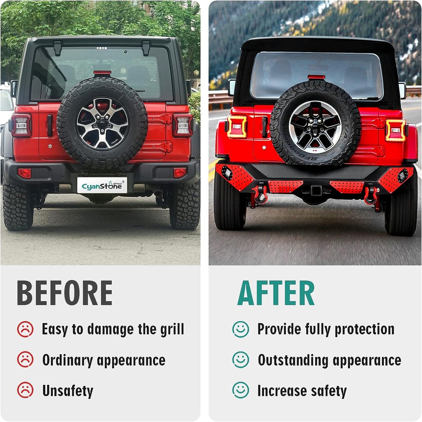 18+ Jeep Wrangler JL Rear Bumper with LED Fog Lights, a pair of D-rings and Color DIY Steel Plates (Copy)
