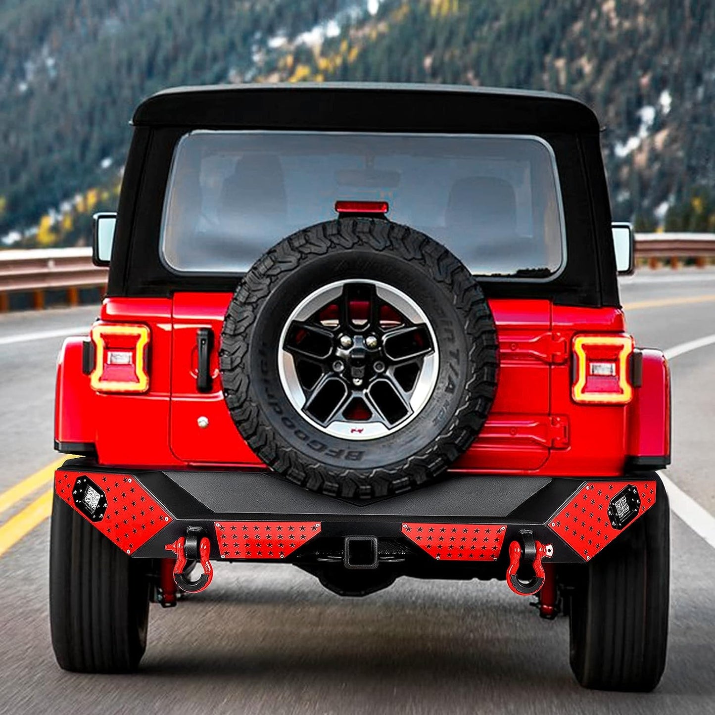 18+ Jeep Wrangler JL Rear Bumper with LED Fog Lights, a pair of D-rings and Color DIY Steel Plates (Copy)